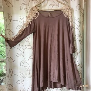 Taupe Hi-Lo Dress w/ Crochet Sleeves